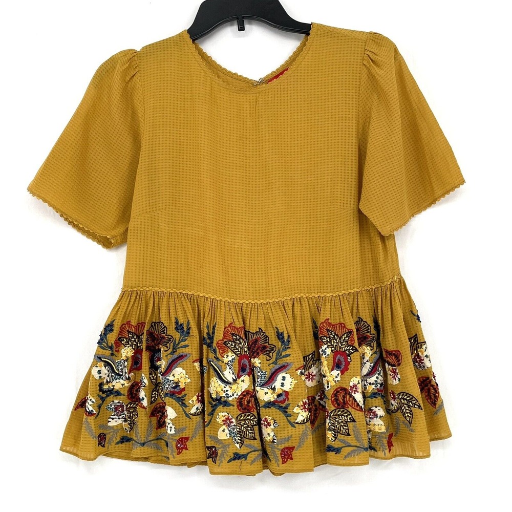 Anthropologie Bhanuni Blouse Women's Small Floral Embroidered Gold Peasant Beads